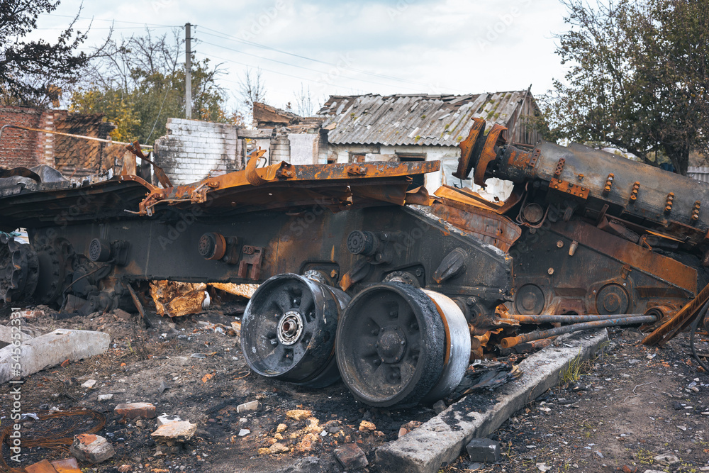 War in Ukraine, destroyed Russian tank, ammunition detonation, tank without a turret, Izyum Kharkiv region