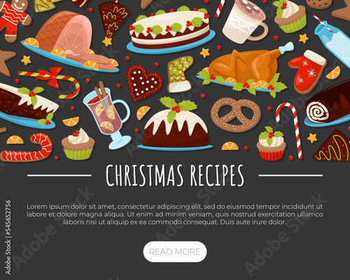 Christmas Holiday Dish Recipe Banner Design with Turkey, Muffin, Cookie and Candy Cane Vector Template
