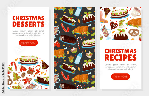 Christmas Holiday Dish and Dessert Banner Design with Muffin, Cookie and Candy Cane Vector Template