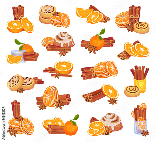 Cinnamon Sticks and Orange Fruit Compositions Big Vector Set