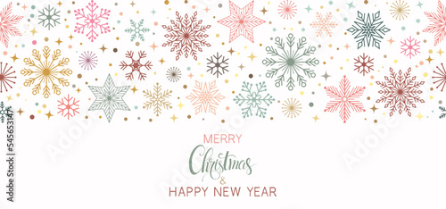 Colorful snowflake seamless border, retro vintage ornate style repeat backdrop with snowflake and star confetti on soft biege background , Christmas banner template vector