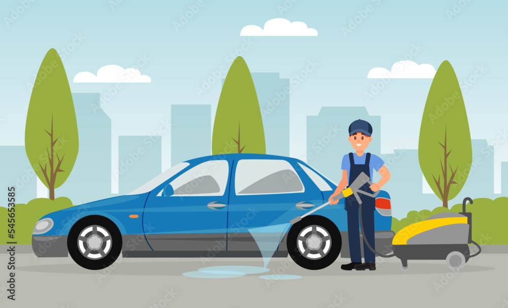 Professional auto service worker in uniform washing car with water flat vector