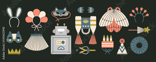 Set with children's handmade costumes - robot, fairy, princess, butterfly, fox etc. Games, fun, theater and Halloween concept. Hand drawn vector illustration isolated on black background. Cute style.
