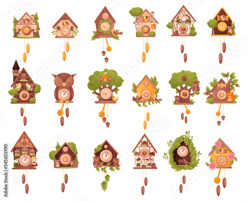 Wooden Cuckoo Clock with Pendulum Hanging on Wall Big Vector Set