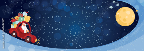 Christmas banner with place for text. Santa Claus is driving a car through the winter forest and carrying gifts. Flat cartoon vector template for design.