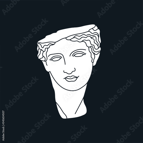 Poster with a mythological hero's head in marble. Ancient Greek or Roman sculpture style. Hand drawn vector illustration isolated on black background. Museum and art concept.