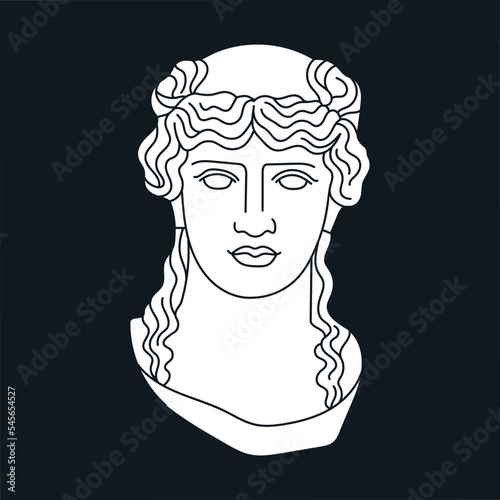 Poster with a mythological hero's head in marble. Ancient Greek or Roman sculpture style. Hand drawn vector illustration isolated on black background. Museum and art concept.