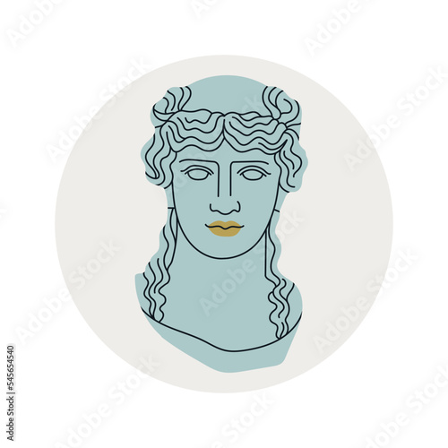Poster with a mythological hero's head in marble. Ancient Greek or Roman sculpture style. Hand drawn vector illustration isolated on white background. Museum and art concept.