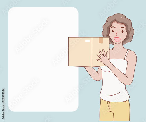 Obraz na płótnie smiling curly hair woman wearing a white plain camisole shirt or tank top holding a parcel box