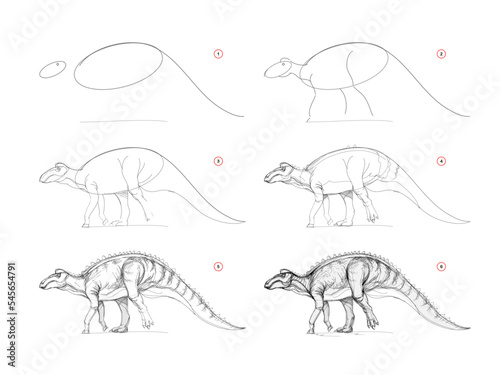 Page shows how to learn to draw sketch of edmontosaurus. Creation step by step pencil drawing. Educational page for artists. Textbook for developing artistic skills. Online education. Vector image. photo