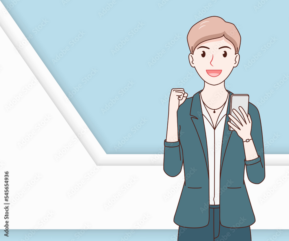 smile business woman wearing a suit using a smartphone on paper cut background. hand drawn with thin lines style. smile business woman wearing a suit using a smartphone on paper cut background. hand drawn with thin lines style.