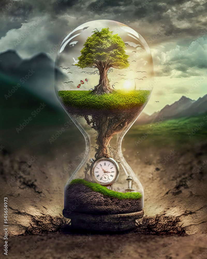 hourglass with tree in top part and clock on the bottom depicting
