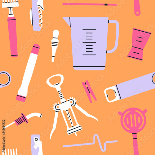 Seamless pattern with different bartender tools: strainer, jigger, wine opener etc. Hand drawn vector illustration in trendy colors. Cocktail shaker bar equipment. Party concept.