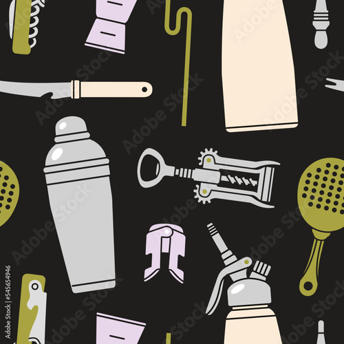 Seamless pattern with different bartender tools: strainer, jigger, wine opener etc. Hand drawn vector illustration in trendy colors. Cocktail shaker bar equipment. Party concept.