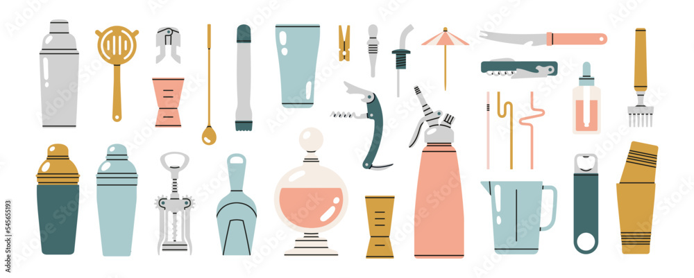 Icons set with different bartender tools: jigger, julep, shaker, muddler, corkscrew, bottle opener etc. Hand drawn vector illustration isolated on white background. Bar equipment. Party concept.