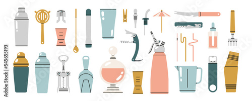 Icons set with different bartender tools: jigger, julep, shaker, muddler, corkscrew, bottle opener etc. Hand drawn vector illustration isolated on white background. Bar equipment. Party concept.