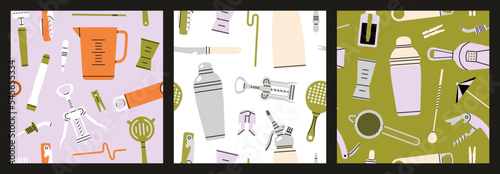 Seamless patterns set with different bartender tools: stirrer, shaker, jigger, corkscrew, bottle opener, liquor pourer, strainer etc. Hand drawn vector illustration. Bar equipment. Party concept