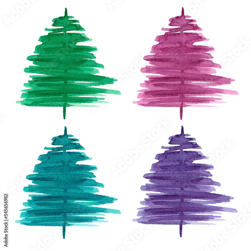 Watercolor pines  set on white background.Christmas trees