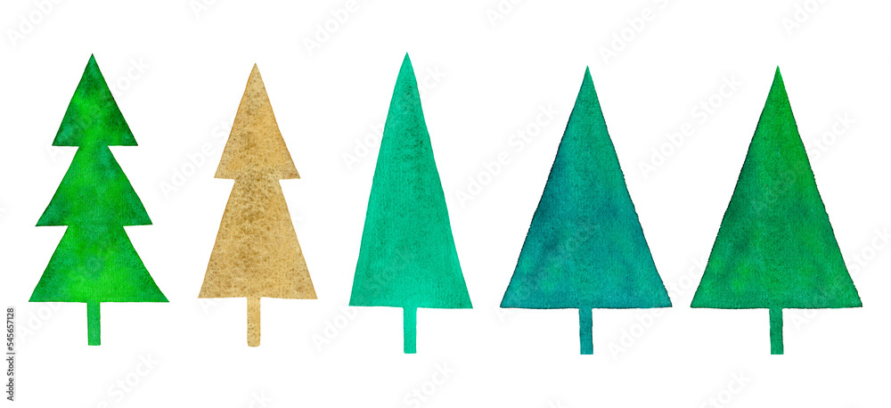 Watercolor Christmas trees set on white background