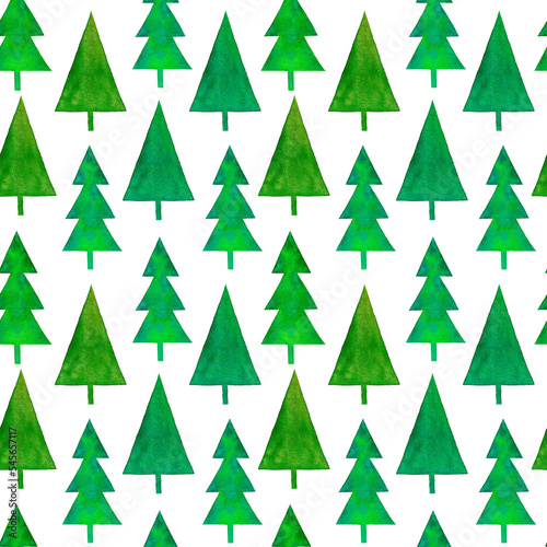 Seamless pattern of watercolor Christmas trees on a white background