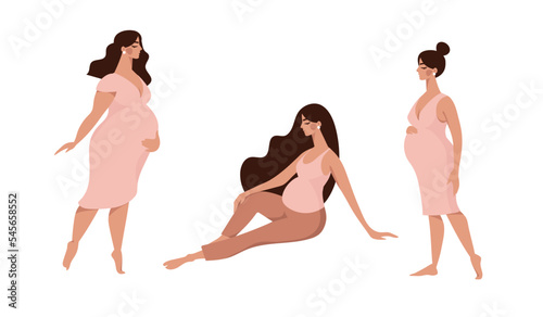 Beautiful pregnant standing and sitting women set. Flat cartoon illustration about pregnancy and motherhood, modern mom. Vector isolated on white.