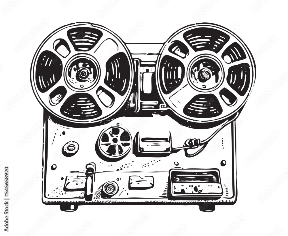 Reel reel tape recorder retro style sketch hand drawn Music