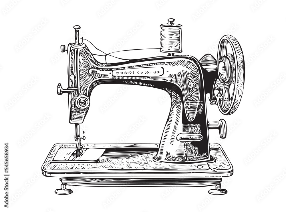 Sewing machine old sketch hand drawn in doodle style Vector illustration.  Stock-Vektorgrafik | Adobe Stock