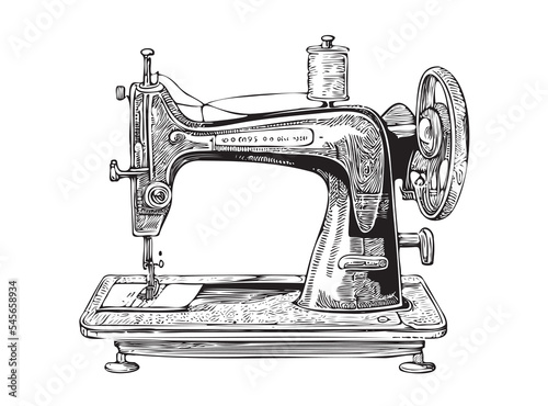 Sewing machine old sketch hand drawn in doodle style Vector illustration.