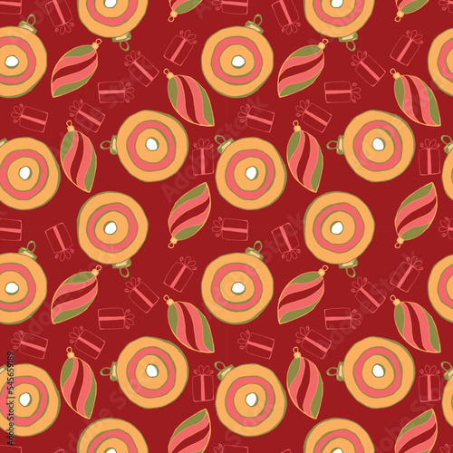Christmas and Happy New Year seamless pattern with Christmas decoration and gifts. Trendy retro style. Vector design template.
