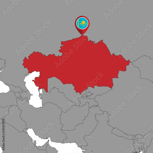 Pin map with Kazakhstan flag on world map. Vector illustration.