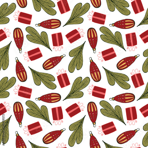 Christmas and Happy New Year seamless pattern with Christmas decoration and gifts. Trendy retro style. Vector design template.
