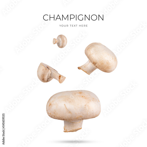 Flying half of champignon on a beige background. Mushroom flying.