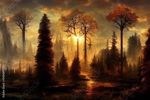 Postapocalyptic dystopian landscape in sunset illustration