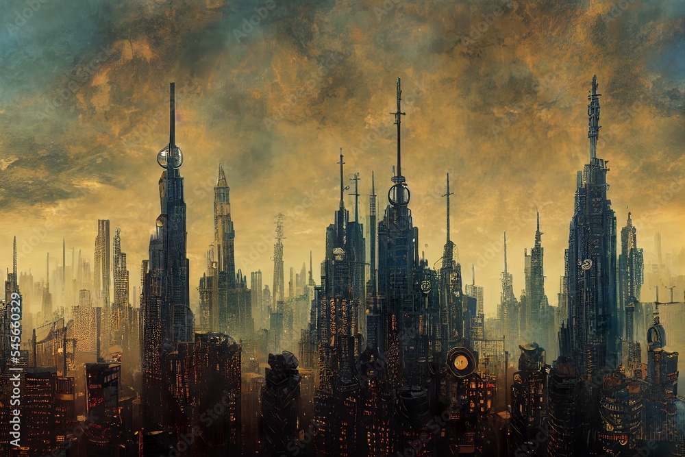 Dystopian postapocalyptic steampunk metropolis with skyscrapers illustration