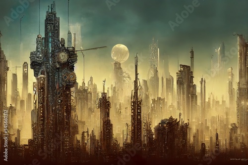 Fototapeta postapocalyptic steampunk metropolis  with skyscrapers illustration