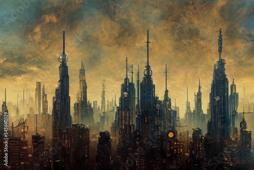 Dystopian postapocalyptic steampunk metropolis with skyscrapers illustration