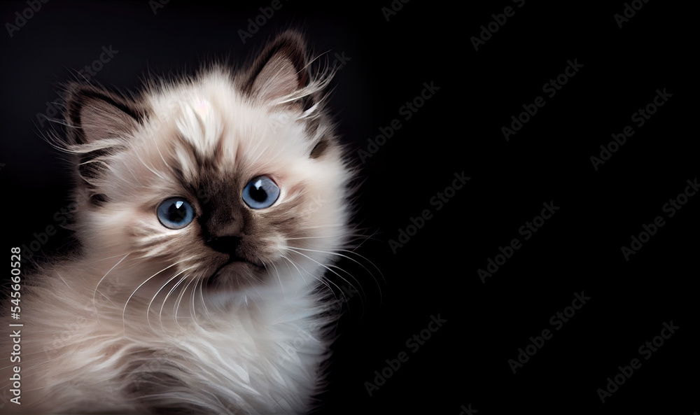 Cute fluffy birman kitten on dark background. Space for text. Adorable portrait of a birman kitten.  Cute cat.  Digital art