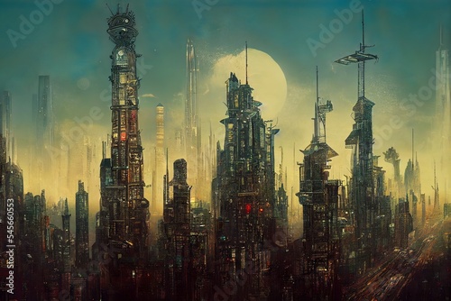 Dystopian postapocalyptic steampunk metropolis illustration