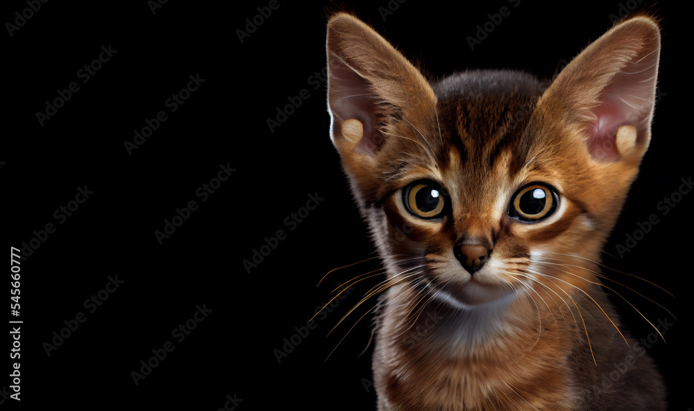 Cute  kitten dark background. Space for text. Adorable portrait of a  kitten.  Cute cat.  Digital art