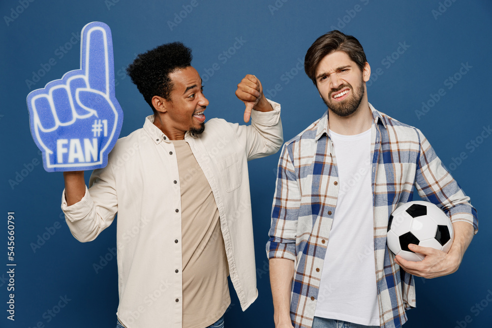 Young two fan friends men wear white shirts foam glove finger up