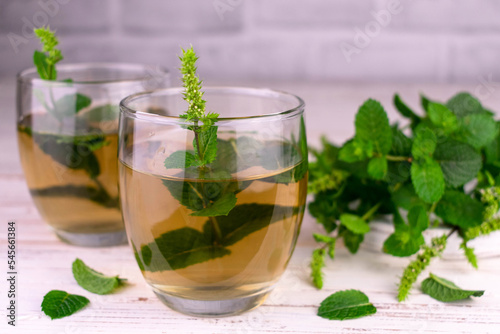 Mint tea in glasses. Useful healing drink. Close-up. 
