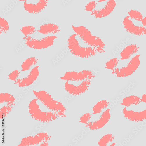 Pink print lip on grey background. Seamless pattern. Lipstick Kisses cartoon character