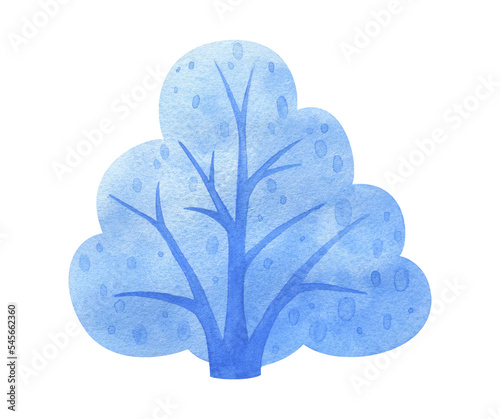 Winter shrub watercolor clipart. Illustration of a blue snow - covered shrub . A plant for the winter landscape of the park and forest. Isolated hand-painted drawing