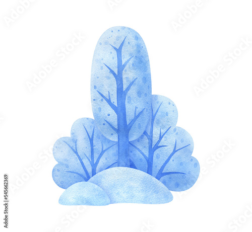 Watercolor winter landscape for background. Illustrations of seasonal nature. Blue snow-covered island with trees, shrubs, snow drifts. Isolated hand-painted image of a piece of forest land
