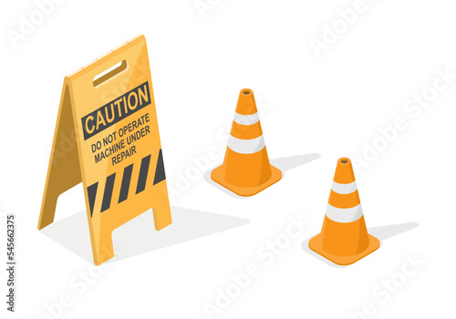 Warning Plate Maintenance concept isometric industrial worker on white background isolated