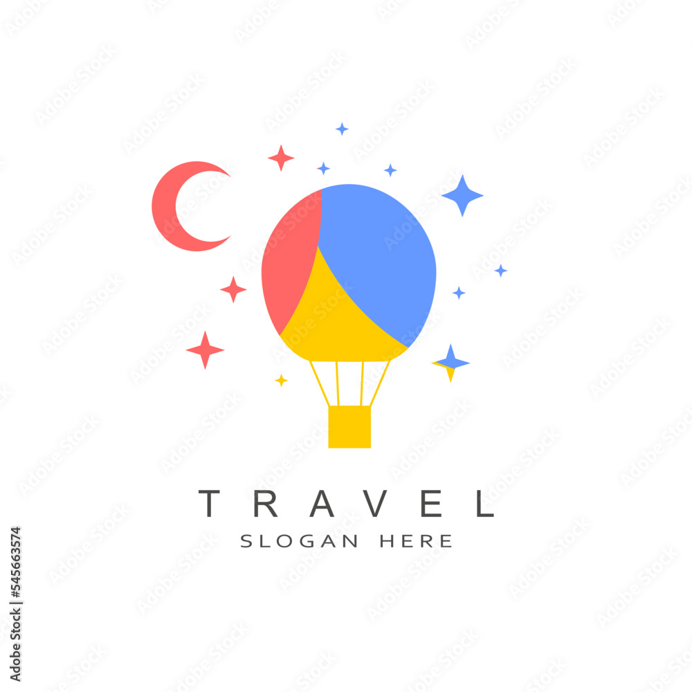 Air balloon logo design in minimalist style. Travel and transportation. Crescent moon and stars