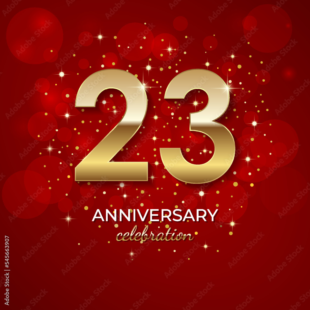 23th Anniversary. Golden number 23 with sparkling confetti and glitter for celebration events, weddings, invitations and greeting cards. Realistic 3d sign. Vector festive illustration 23th Anniversary. Golden number 23 with sparkling confetti and glitter for celebration events, weddings, invitations and greeting cards. Realistic 3d sign. Vector festive illustration