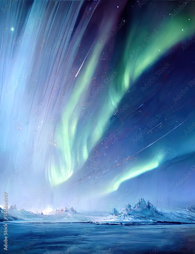 background with northern lights over landscape, aurora borealis, green ...