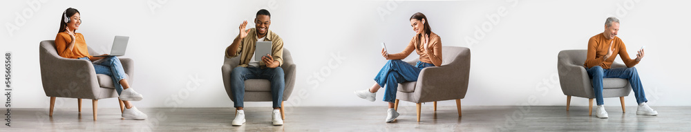 Online Communication. Happy People Sitting In Chairs, Making Video Call With Gadgets