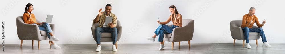 Online Communication. Happy People Sitting In Chairs, Making Video Call With Gadgets Online Communication. Happy People Sitting In Chairs, Making Video Call With Gadgets
